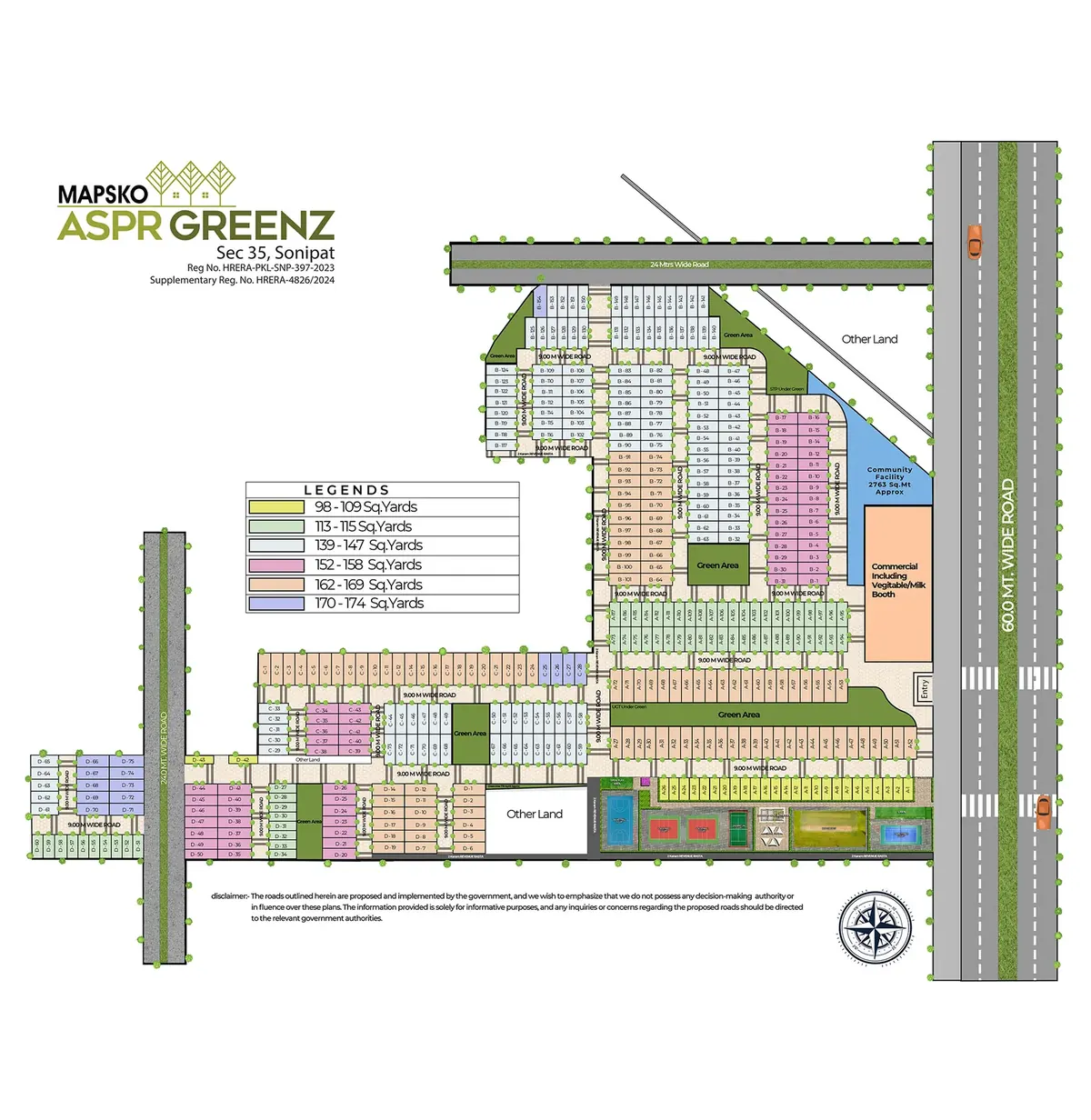 Detailed site plan layout of Mapsko ASPR Greenz showing roads, plots and green belts